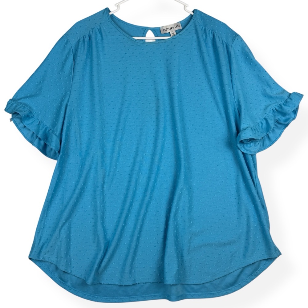 Southern Lady Top Womens Plus 1X Blue Swiss Dot Short Ruffle Sleeve